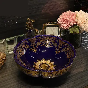 

Jingdezhen Ceramic Art Basin Washbasin European Style Blue color Golden pattern bathroom sinks ceramic wash basin flower shape
