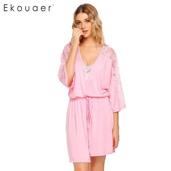 

Ekouaer Brand Sexy Lace Robe Autumn Women Half Sleeve Pockets Patchwork Sleepwear Patchwork Elastic Band Robe with Belt