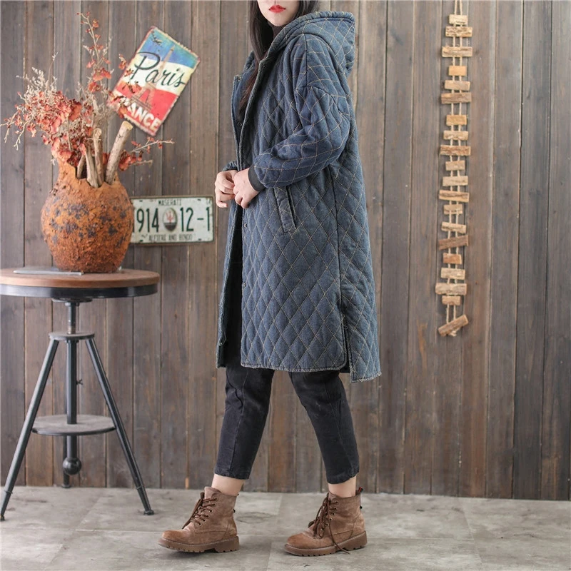 Хлопковое Ретро винтажное длинное пальто с разрезом сбоку, свободная Длинная женская куртка с карманами, модное хлопковое пальто для женщин A0Bz20