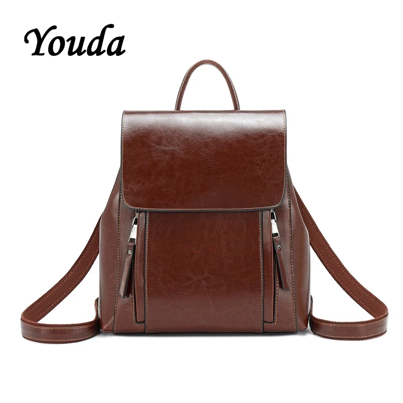 

Youda Original New Vintage Style Leather Ladies Backpack Retro Design Unisex Backpacks Student's Solid Color Simple Schoolbag
