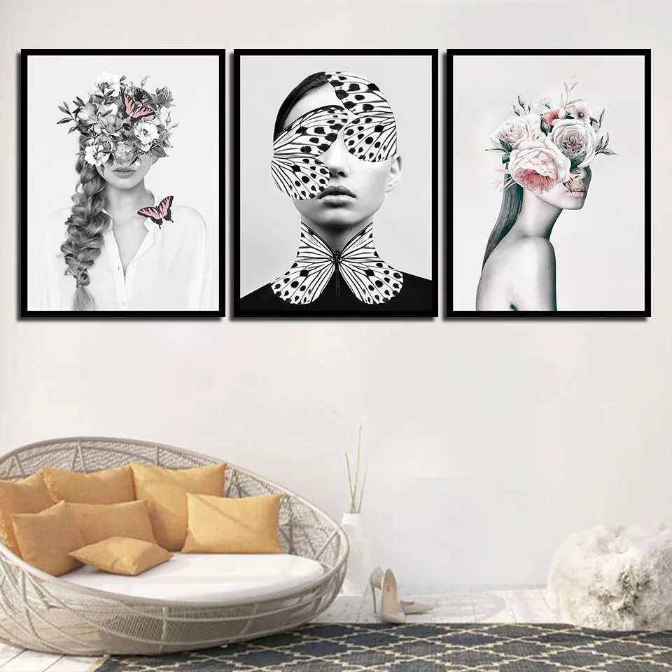 

Nordic Fashion Pictures Butterfly Flowers Girl Wall Art Canvas Poster Black White Style Prints Woman Painting Bedroom Home Decor