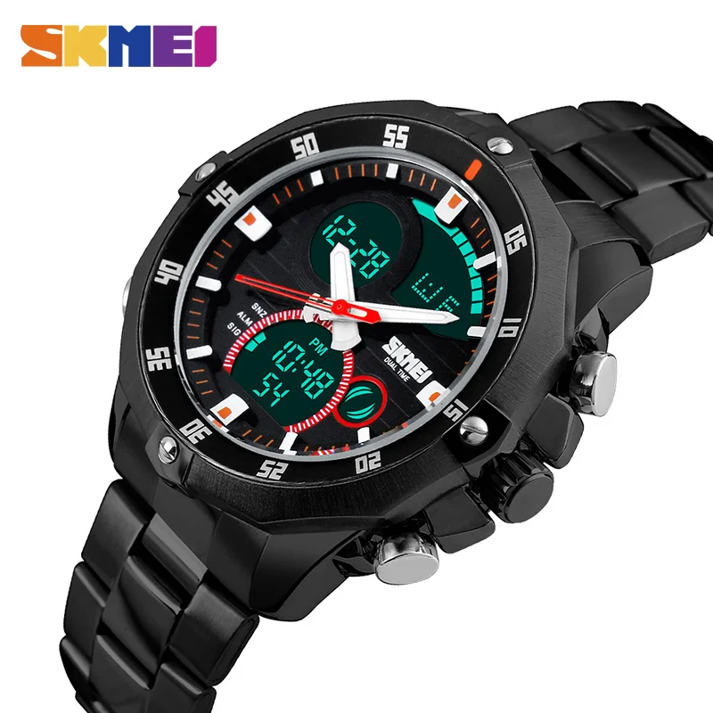

SKMEI Men Casual Quartz Watch Waterproof LED Digital Alarm Wristwatches Stainless Steel Strap Sports Watches Relogio Masculino