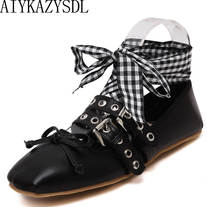 

AIYKAZYSDL Women Satin Buckle Belt Butterfly Bow Flat shoes Female Lacing up Bandage Ballet shoes Dress Dance Shoes Oxfords
