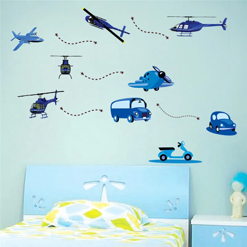 Removable Cartoon Blue Cars Airplanes Helicopters Art Decals Vinyl Wall