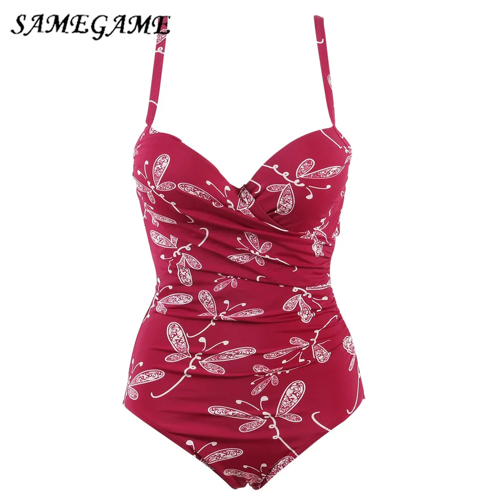 

SAMEGAME 2019 New Arrival One Piece Swimsuit Women Vintage Bathing Suits Plus Size Swimwear Beach Padded Print Polka Suit 3XL