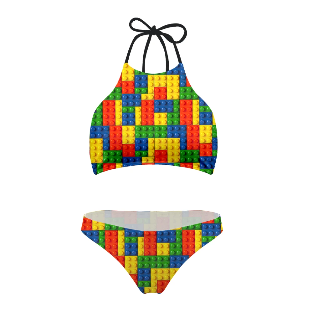 

FORUDESGINS High Neck Bikinis Women Swimwear High Waist Swimsuit Building Blocks Printed Crop Top Halter Bikini Set Tankini 2018