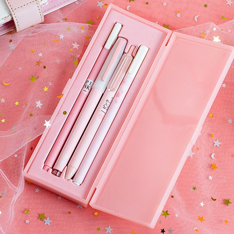 Гелевая ручка для творчества наборы с пеналом вишневые цветы розовые и мятные серии ручки для школы подарок Канцелярский набор 0,5 мм черные чернила - Цвет: Pink