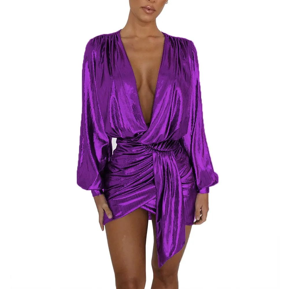

2019 Spring Metal Color Party Dress Long Sleeve Sexy Deep V Neck Wrap Mini Dress Pleated Club Dress