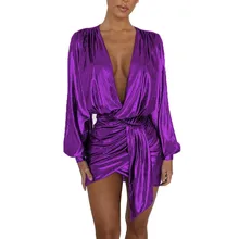 2019 Spring Metal Color Party Dress Long Sleeve Sexy Deep V Neck Wrap Mini Dress Pleated Club Dress box pleated cross wrap bardot dress
