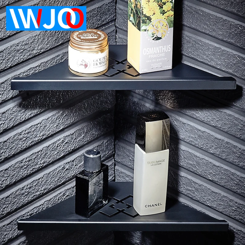 

IWJOO Toilet Storage Shelves Wall Mounted Double Layer Storage Rack Black Bathroom Corner Shampoo Soap Storage Basket