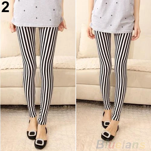 Hot Fashion Black White Vertical Striped Leggings Pants Women 8MTG