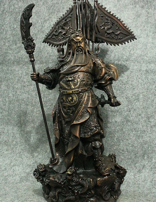 

18" China Bronze Dragon Warrior General Guan Yu Broadsword Guan Gong Flag Statue
