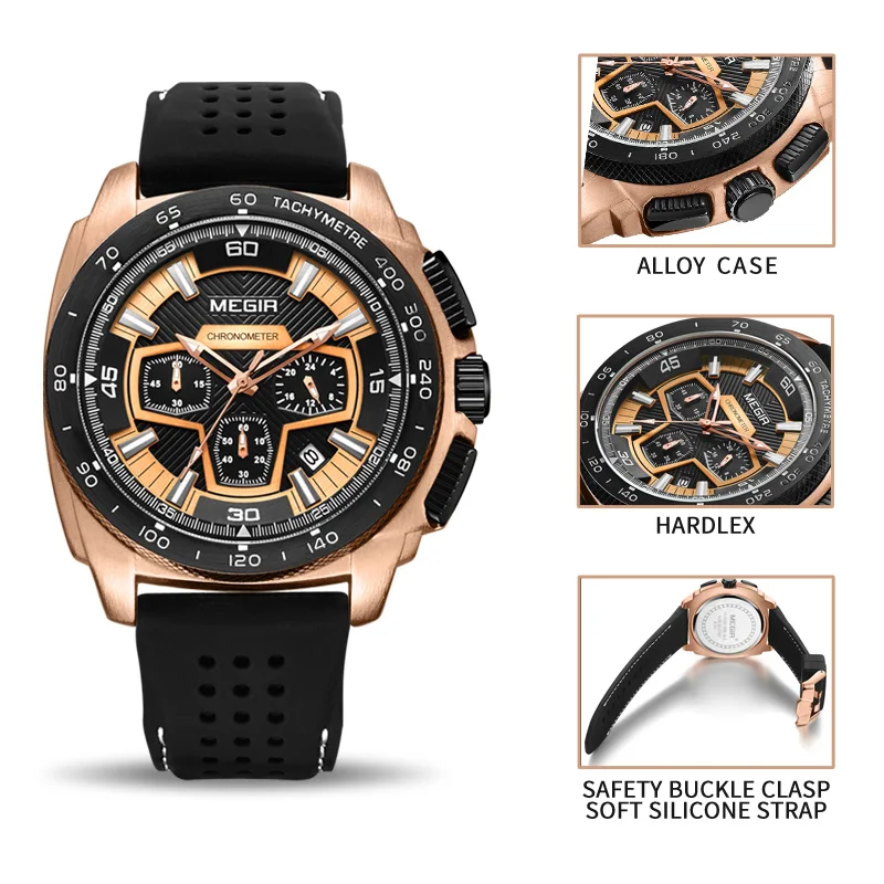 

MEGIR Mens Analogue Chronograph Chronograph Sport Watches with Quartz Movement Rubber Band Luminous Wristwatch for Man Boys 2056