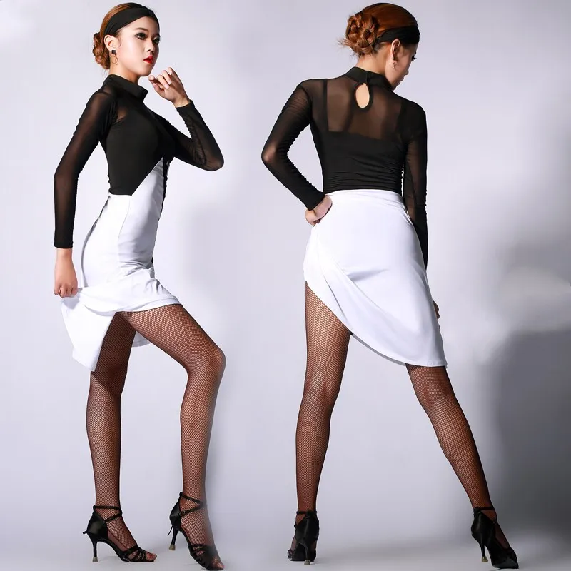 

latin dance dress women Sexy mesh long sleeve latin dance dress white black ballroom dance dress tango Rumba Cha Cha dress