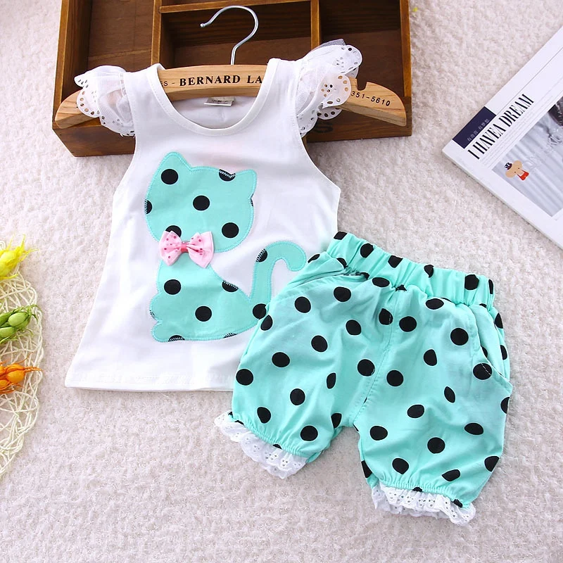 

Summer Fashion Baby Girls Short Sleeve Clothing Set Bow Cat Shirt+Pants Polka Dot Style Tops Clothing Set 2pcs
