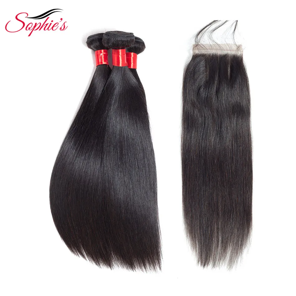 

Sophie's Straight 3 Bundles With Closure Human Hair Peruvian Non-Remy Hair Weaves Hair Extensions Natural Color