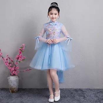 

2018 New Children Girls Luxury Embroidery Flowers Princess Lace Birthday Party Tail Dress Sweet Autumn Kids Teens Costume Dress