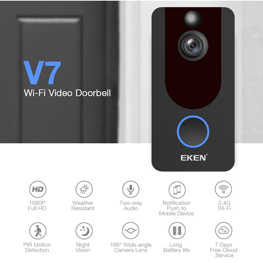 EKEN V7 1080P Wifi беспроводная видео Dorbell визуальная домофон камера с колокольчиком ночного видения PIR датчик движения управление приложением