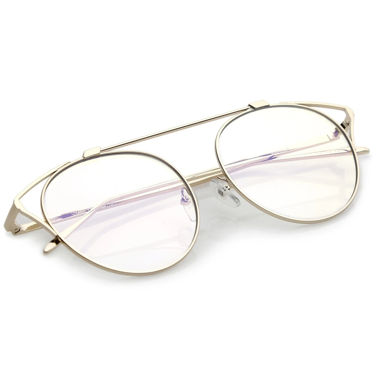 Oversize Open Metal Cat Eye Glasses With Crossbar And Round Clear Flat Lens 55mm (3)