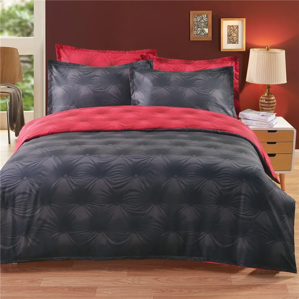 3d Buttons Ab Side Black Red Bedding Set Polyester Duvet Cover Set