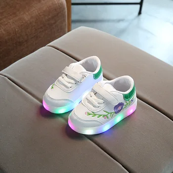 

Children's Led Flower Leisure Shoes Spring Autumn New Embroidery Shine Shoes Boy and Girl Anti-skates Small White Shoes