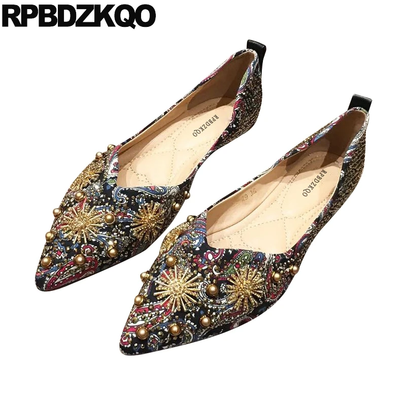 

stud diamond pointed toe rivet flats black chinese wedding shoes sparkling large size spring autumn crystal women rhinestone