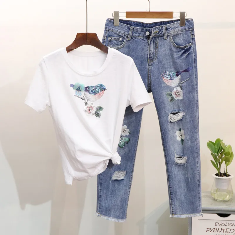Blanc Shirt Femmes Sequin Fleur De Cowboy Costume Traje Perles Pantalon Luxe Denim Blouse Nouveau Coton Jean T Et Trou Mode Oiseau Définit Top gq5ZBY