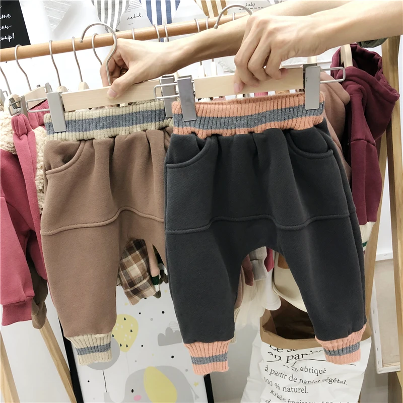 

2019 Baby winter with velvet south Korean children's baby trousers ruffle pants icing pants boys pants denim pants legs
