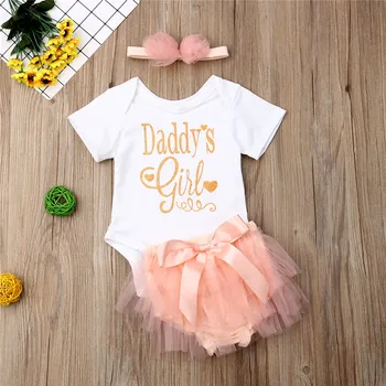 

New Baby Girls Clothes Set White Short Sleeve Rompers Girls Pink Lace Dresses Girls Headband Baby Girl Hair Accessories Baby Set