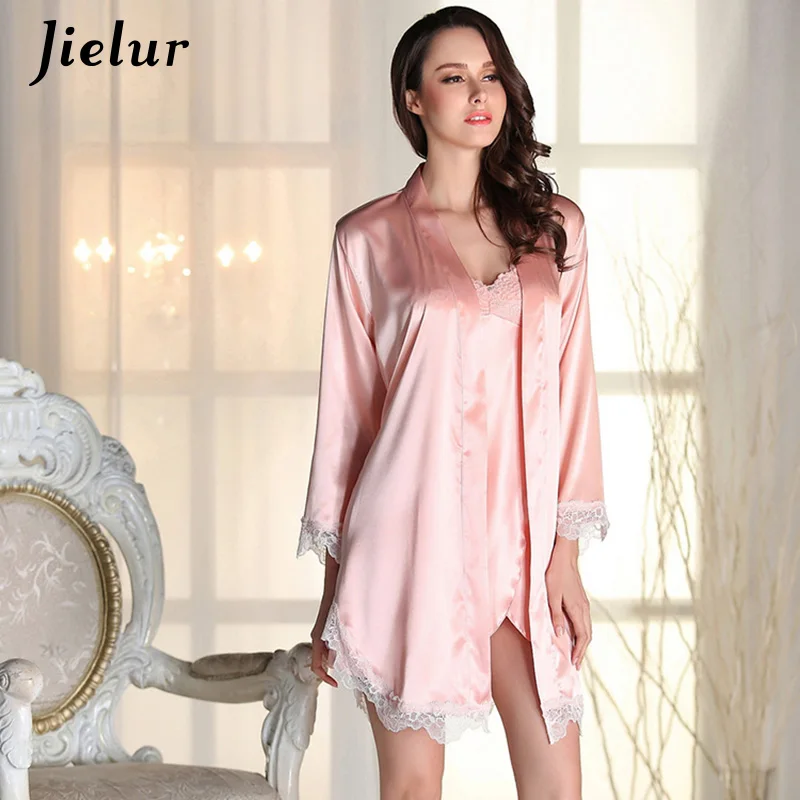 Jielur сексуальный женский халат и платье наборы кружевной Халат+ Мини Ночное платье из двух предметов Домашняя одежда из искусственного шелка комплект сна Пижама в стиле пэчворк - Цвет: Розовый