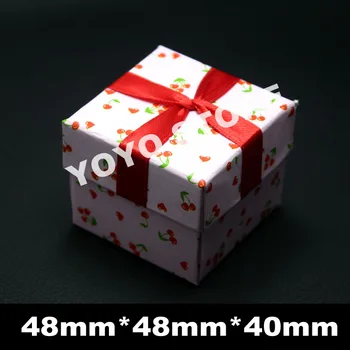 

48*48*40mm Wholesale 12Pcs/Lot Fashion Cherry Print Jewelry Gift Box Packaging Ring Earrings Display Hard Paper Jewellery Box
