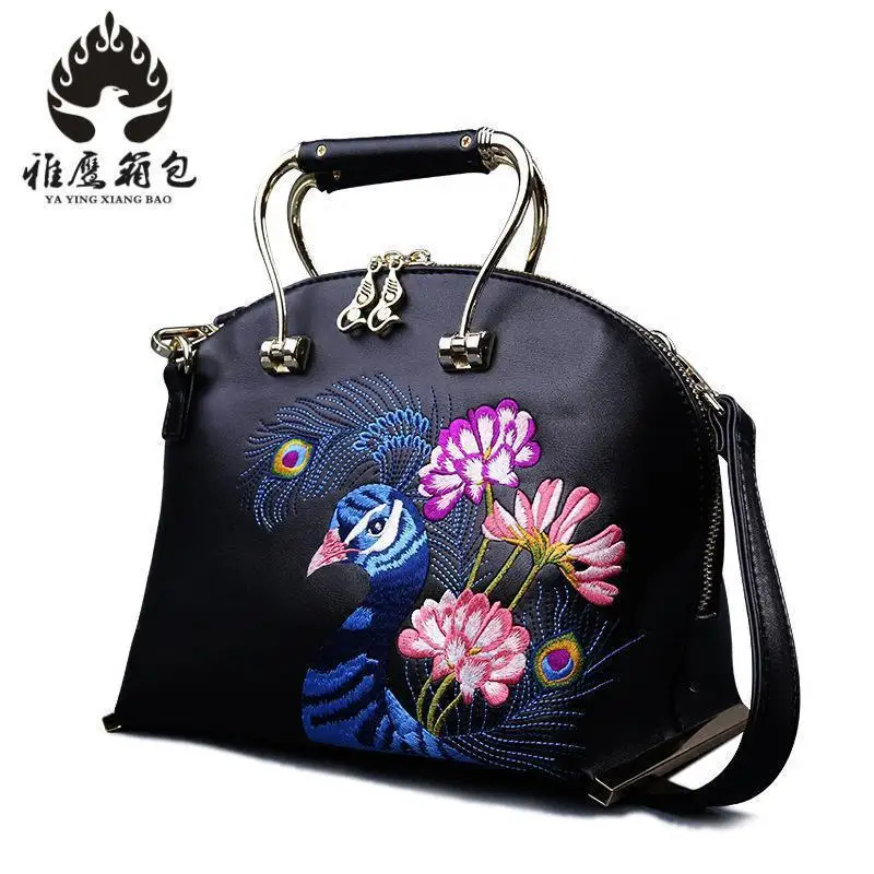 

2018 Designer Luxury Brand High Quality Pu Leather Ladies Black Flowers Handbag Shoulder Bag Female Handbag