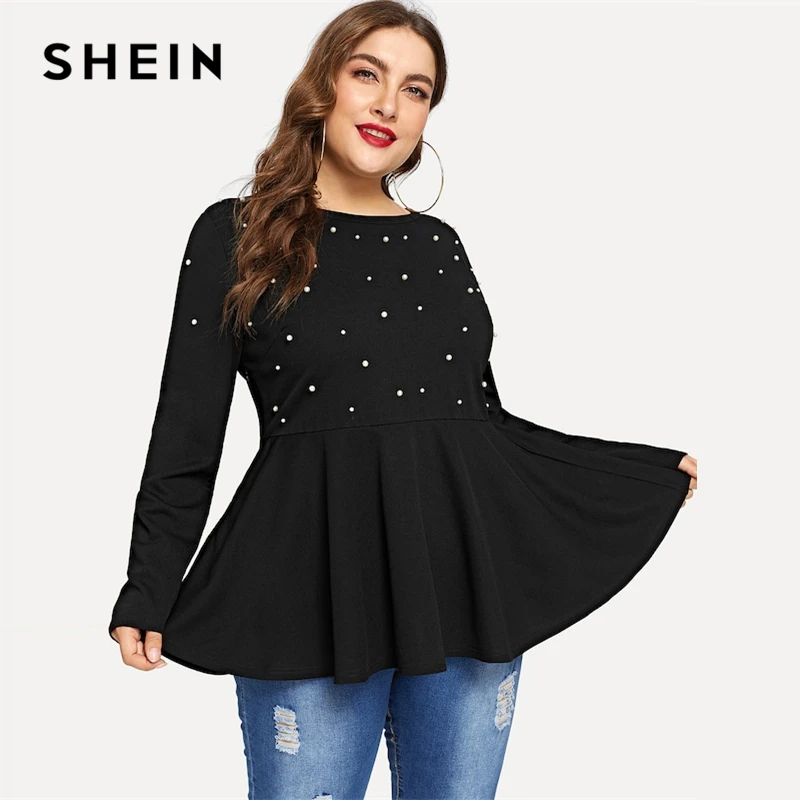 SHEIN Plus Size Black Round Neck Peals Detail Peplum Elegant Top Blouse ...