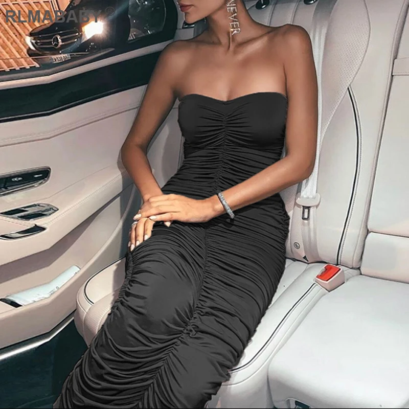 

RLMABABY Double Layer Strapless Ruched Women Long Dress Casual Backless Summer Bodycon White Dress Elegant Party Sexy Dress