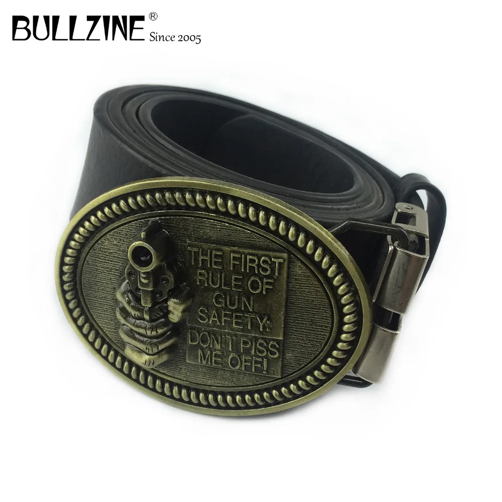 

The Bullzine hand gun belt buckle with antique brass finish with PU belt with connecting clasp FP-03525-1