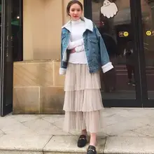 Plaid Pleated Guaze Skirt Summer New All-match Office Skirts Womens Long White Tutu Skirts Transparent DC840