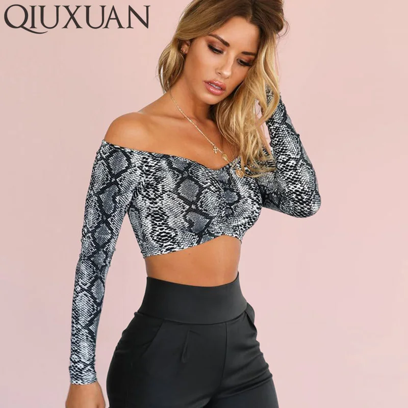 

Qiuxuan Off The Shoulder Women Tees Long Sleeve Snakeskin Slash Neck Crop Tops Spring Autumn Female Stretch Club T-shirts