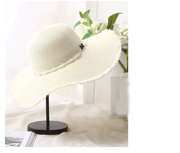 Летняя женская соломенная шляпа с алфавитом и жемчугом, Женская Солнцезащитная шляпа от солнца, большая шляпа для отдыха на море
