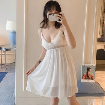 

Lisacmvpnel Lace Princess Women Nightdress With Chest Pad Hollow Fashion Sleepwear Deep V Sexy Nightgown