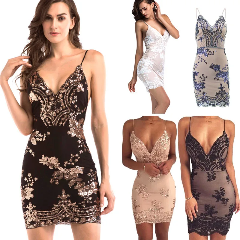 

2019 New Women Sexy Sequins Backless Dress V Neck Sleeveless Spaghetti Straps Slim Fit Short Dress LBY2019