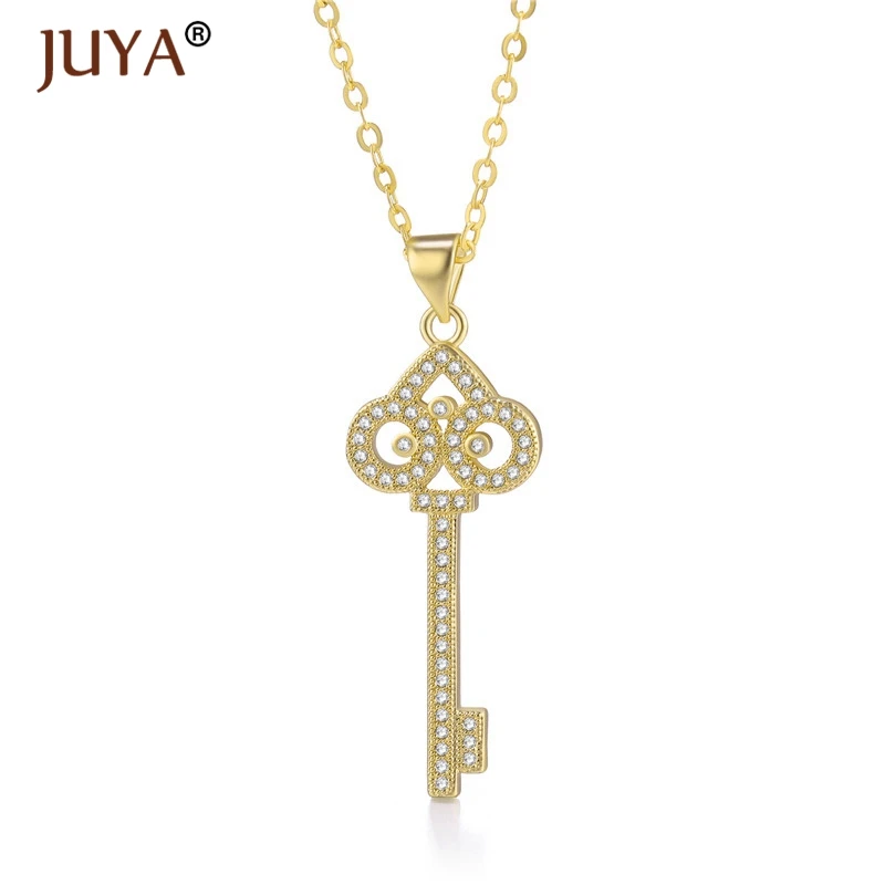 fashion statement necklaces for women Luxury Jewelry Copper Zircon Rhinestone Key Pendants Necklace Silver Femme - Metal Color: gold