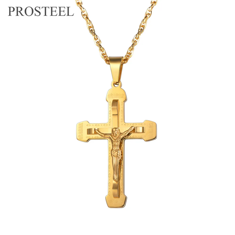 PROSTEEL Jesus Cross Pendants Necklaces Christian Stainless steel Thick