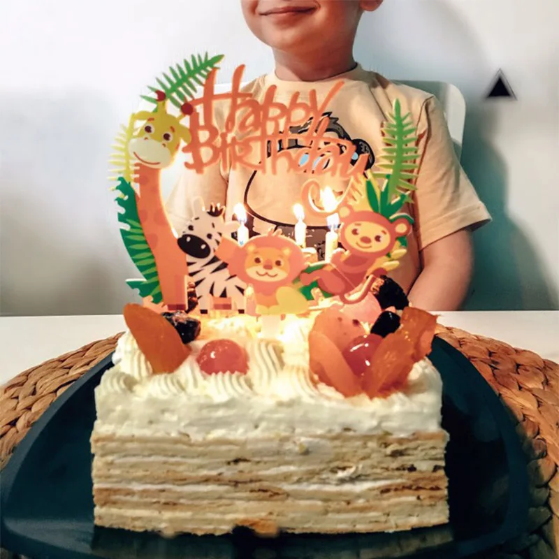 

Cute Safari/Jungle Themed Happy Birthday Letters Cake Topper Lion Zoo Pattern Cake Flags for Kids Favors Party Cake Decorations