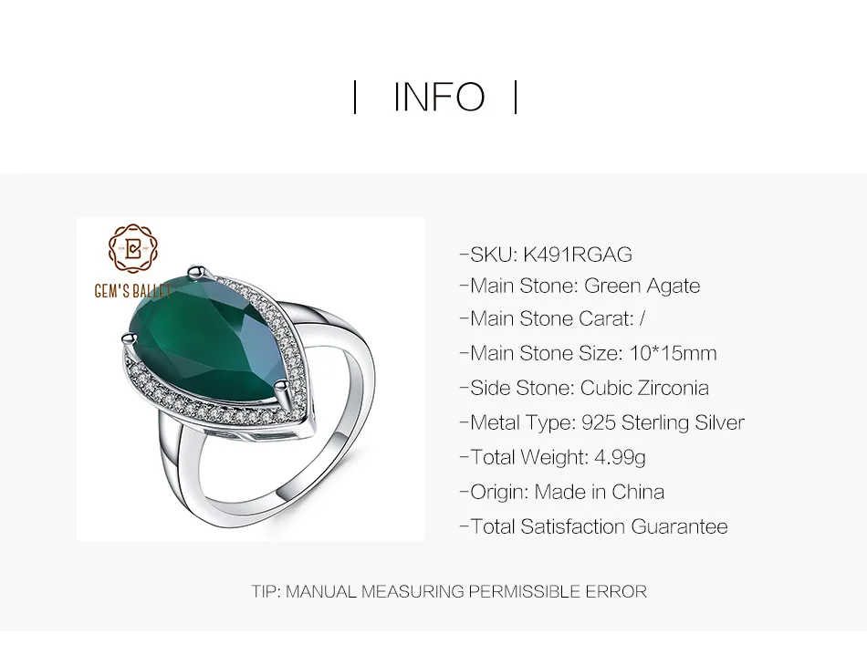 GEM'S балетное кольцо в форме капли воды, натуральный зеленый агат, натуральный камень, кольцо, 925 пробы, серебро, винтажное коктейльное кольцо для женщин, хорошее ювелирное изделие