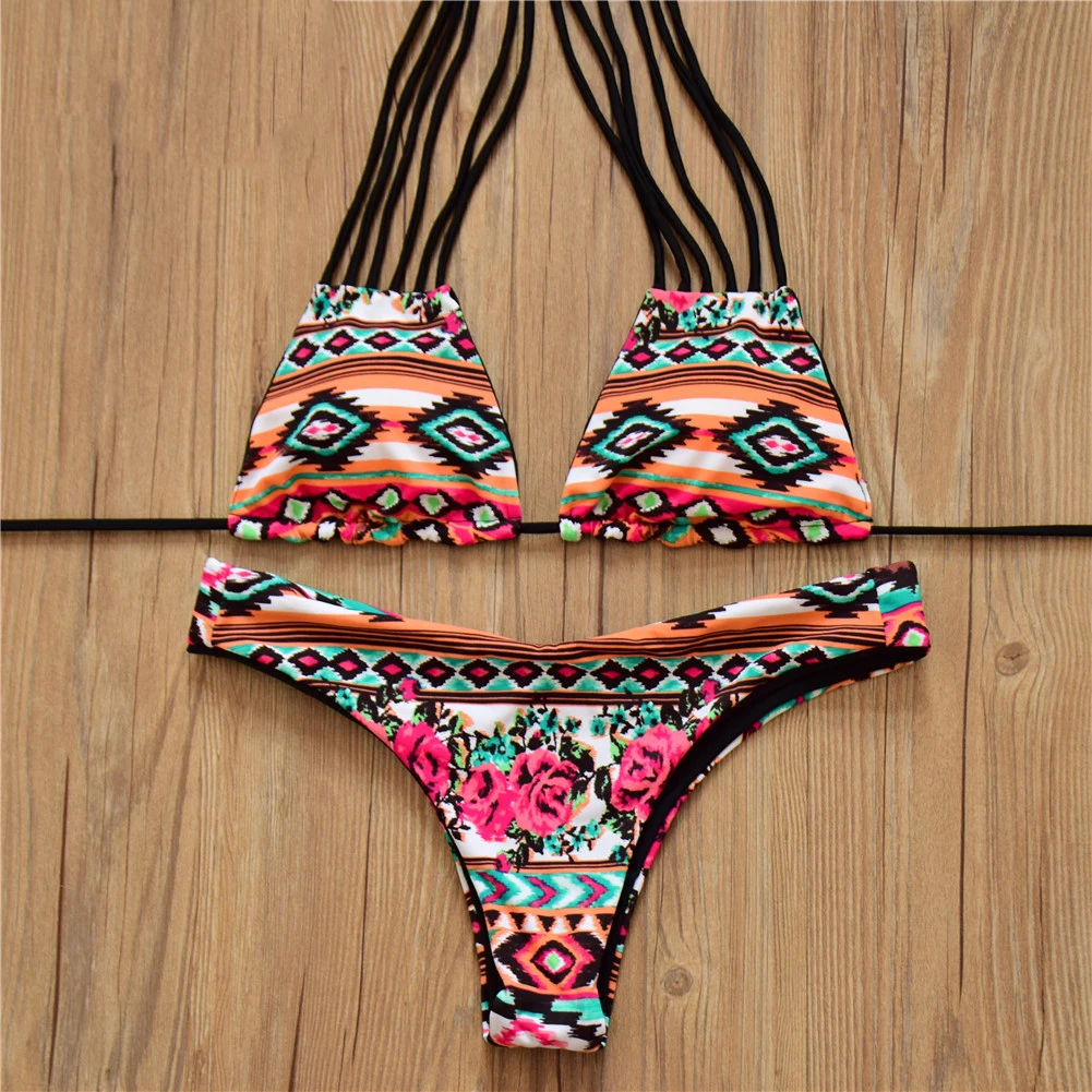 

Sexy Women Strappy Bandage Halter Reversible Bikini Vintage Printed Brazilian Push Up Swimwear Free Shipping