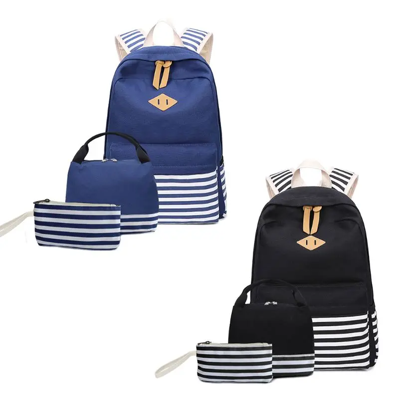 

3pcs Casual School Bookbag College Laptop Canvas Stripes Student Backpack+ Lunch Bag+ Pencil Case for Men Women