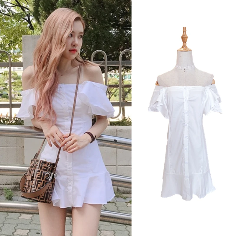 

kpop BLACKPINK Rose 2019 Korean women summer new chic white ruffled one word collar dress front button shirt female sexy dresses