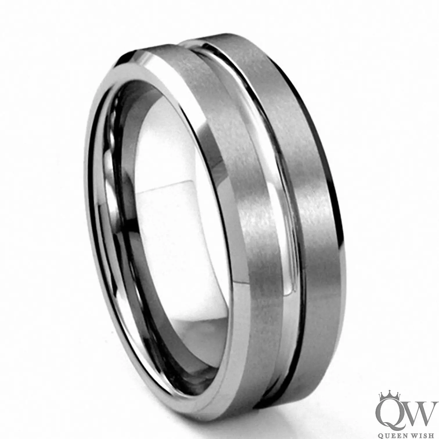 8mm White Tungsten Ring Matte Finished Polish Grooved Center Statement