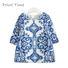 Одежда для девочек Детские платья для девочек Винтаж платье с цветочным рисунком осень-зима с длинным рукавом сине-белые платье с фарфоровым принтом; robe fille enfant