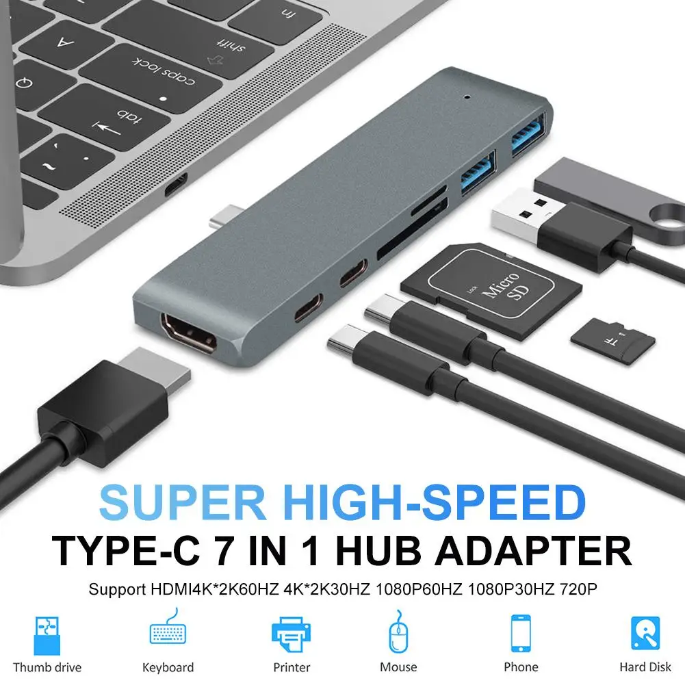 

7 In 1 TYPE-C USB Hub Adapter With 4K HDMI 2 Type-c Charging 5Gbs 2 USB 3.0 SD Micro Card Reader Adapter For MacBook 12" 13" 15